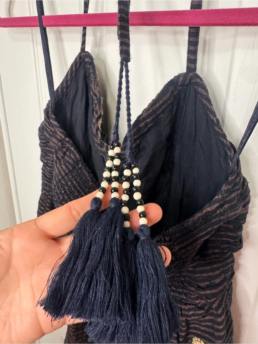 Free People navy and brown Embroidered Backless Halter Peplum Top